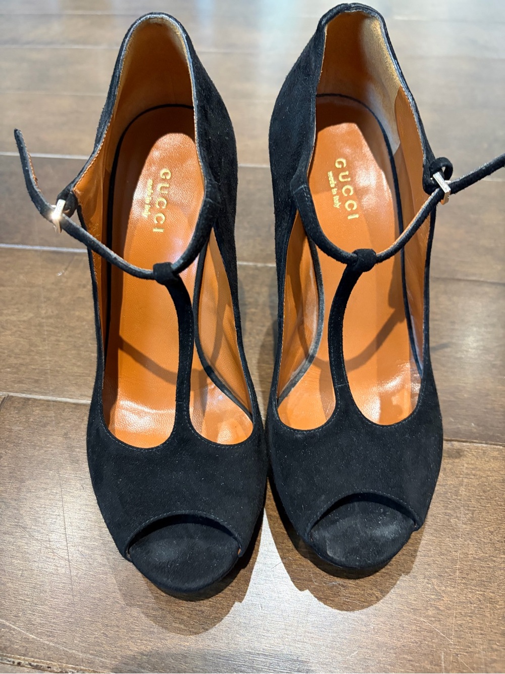 Gucci Black Suede T-Strap Peep-Toe Pumps
